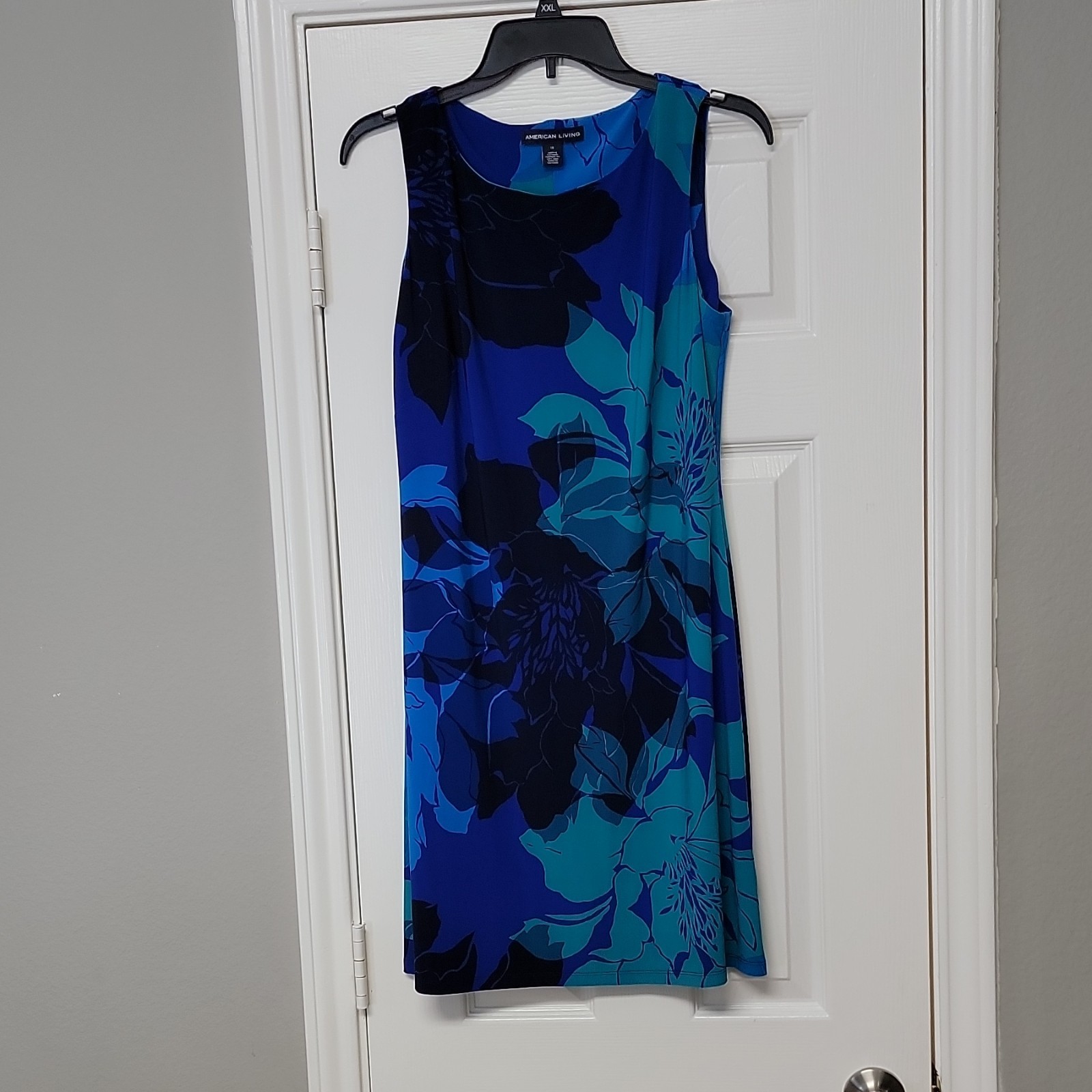 American Living Sheath Dress Size 10 Blue Black Teal Floral Round Neck Knee