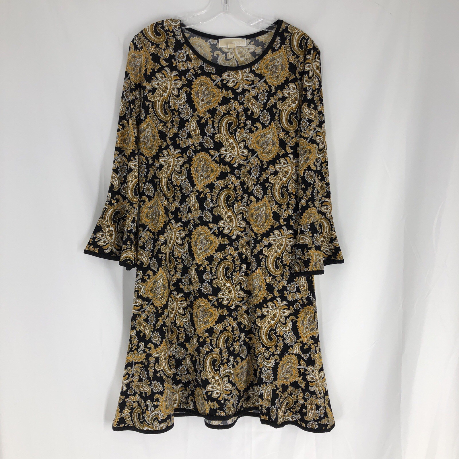 Michael Kors Women’s Black/Gold Paisley 3/4 Bell Sleeve Shift Dress – Large