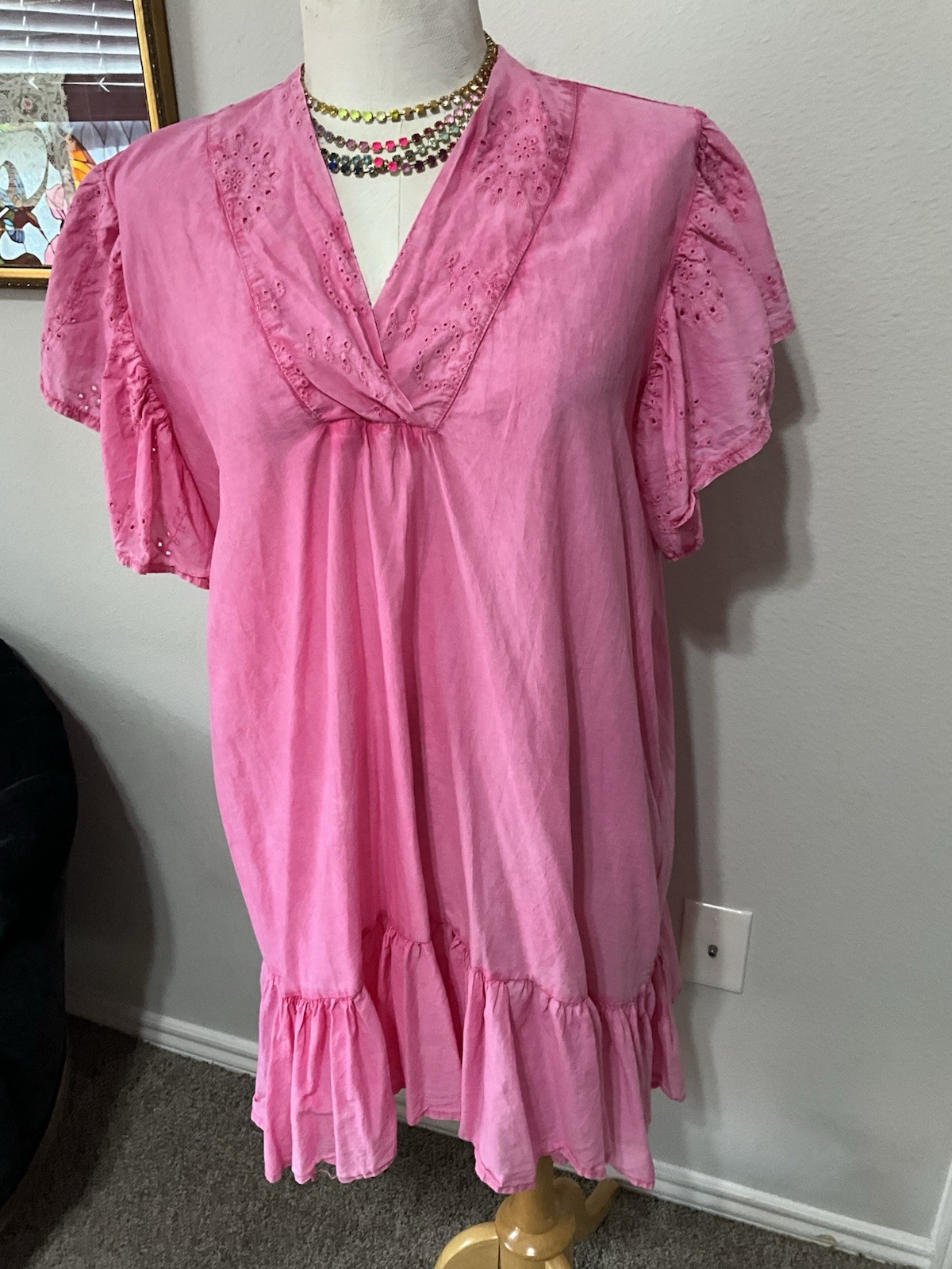 NWT Made In Italy Cotton Beach Costal Pink Dress Ruffle Hem Eyelet Sleeve OS