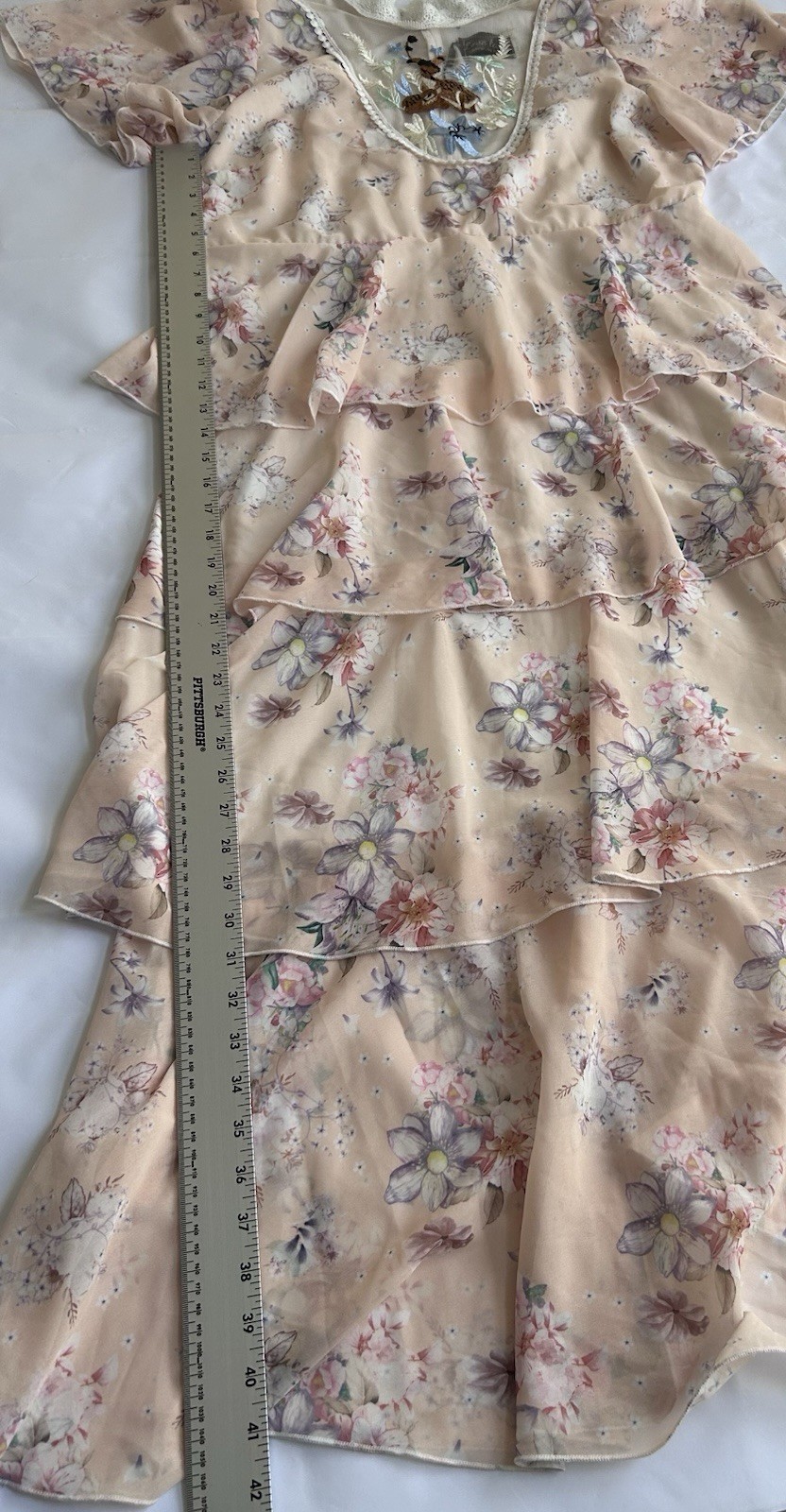 Love Lady Beige Floral Chiffon Midi Dress V-Neck Flutter Sleeve Lace M
