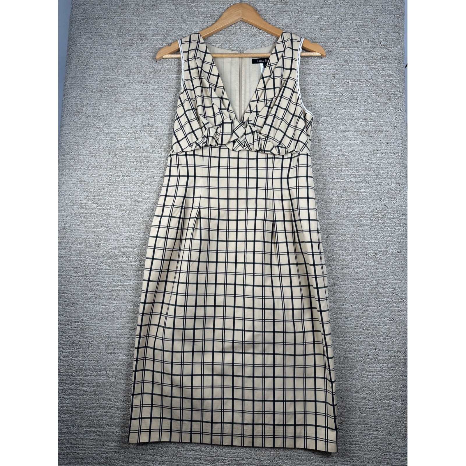 Lida Baday Womens Size 8 Cream Black Grid Windowpane Cotton V-Neck Sheath Dress