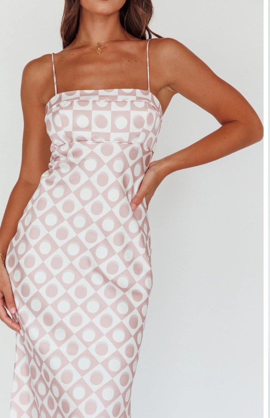 SELFIE LESLIE Lane Cove Cami Strap Sz S Maxi Dress Print Mocha NWT