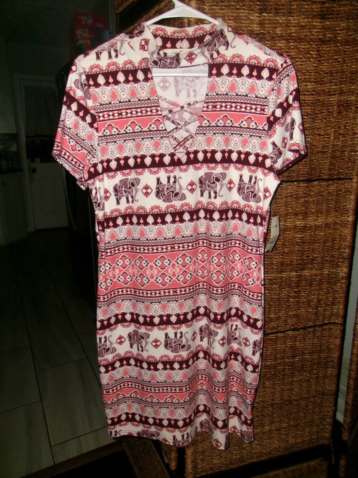 Wishful Park Geo Print Bohemian Elephant Design Pink Multicolor Bodycon Dress M