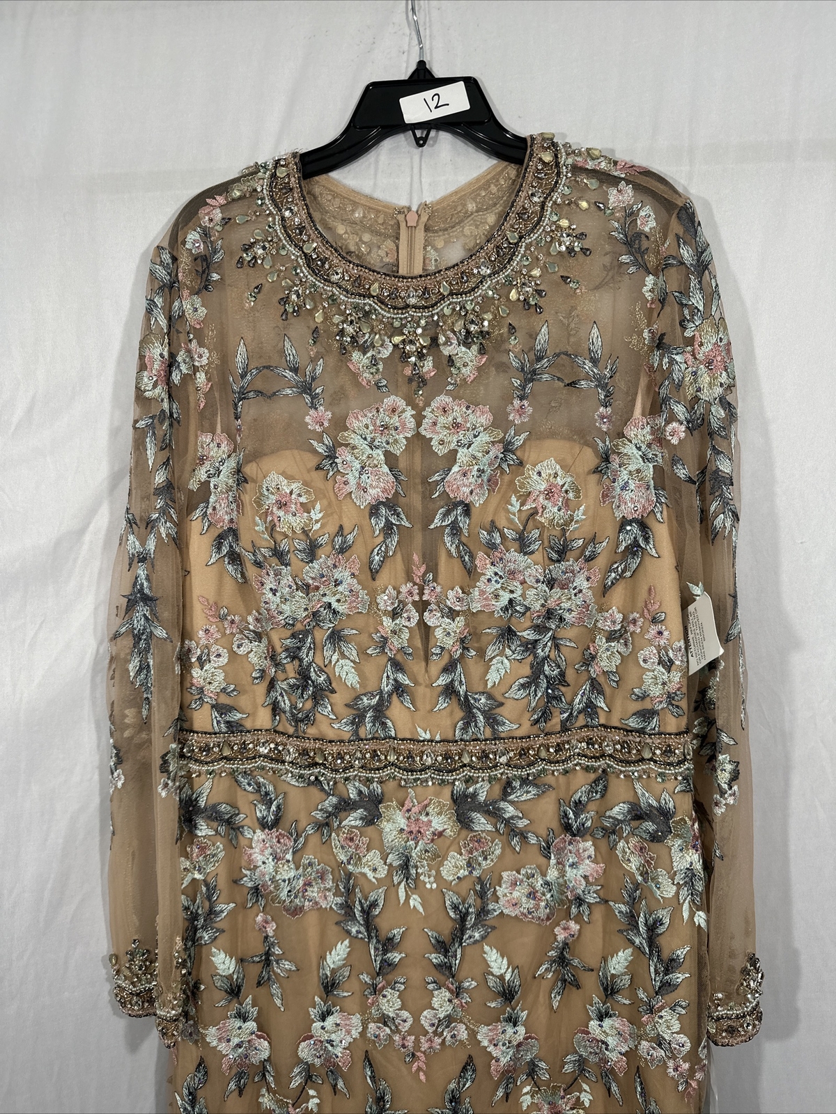 NWT $798 Mac Duggal [ 14 ] Floral Embroidered Long Sleeve Trumpet Gown Nude Q624
