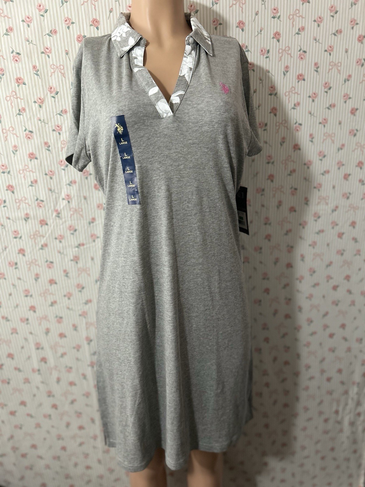 U.S. Polo Assn. Women’s Gray Solid Collared Shirt Dress, Short Sleeve, L