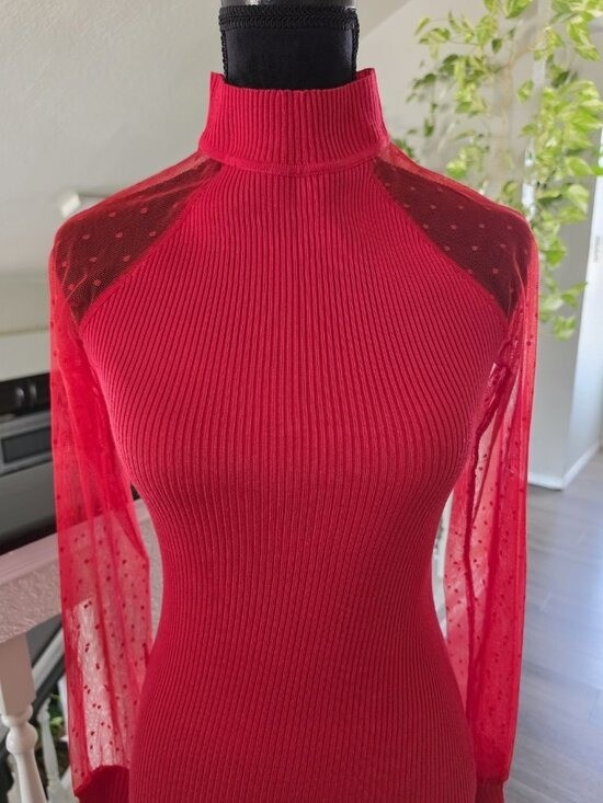 ALMOST FAMOUS Red Ribbed Knit Turtleneck Sheer Sleeve Bodycon Dress Size S
