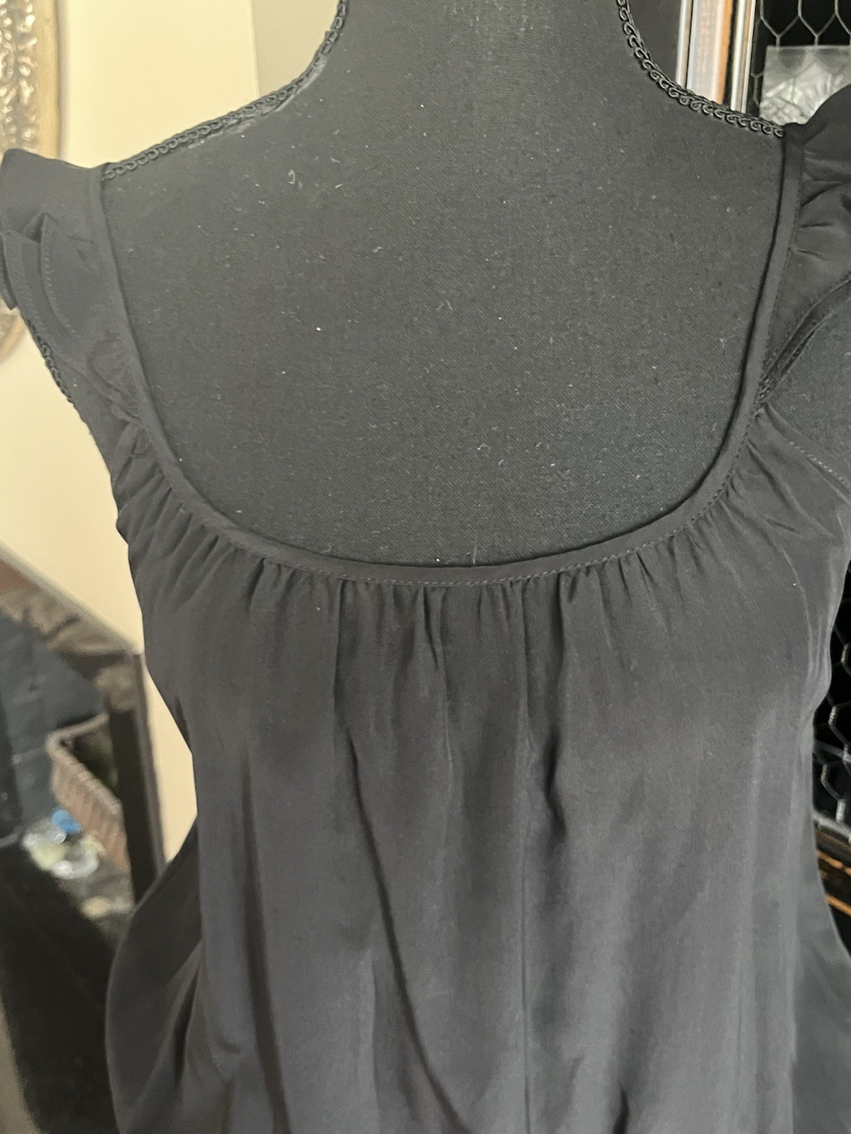 TUCKER BLACK SILK SUNDRESS SHIFT SHEATH DRESS DROP WAIST ELASTICATED RUFFLES S