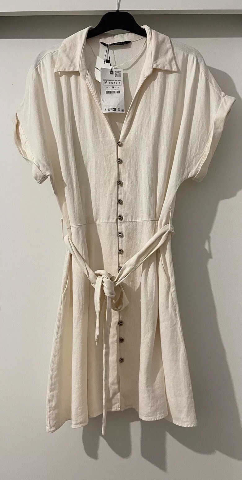 ZARA ECRU JOHNNY COLLAR LINEN BLEND MINI BELTED SHIRT DRESS WITH POCKETS SIZE M