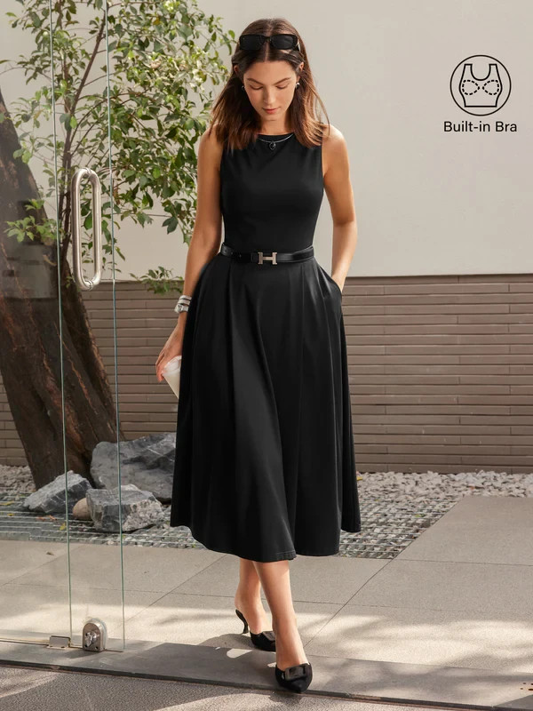 OGLmove Success Boatneck Midi Ponte Dress with Pockets Office Work Wear Black