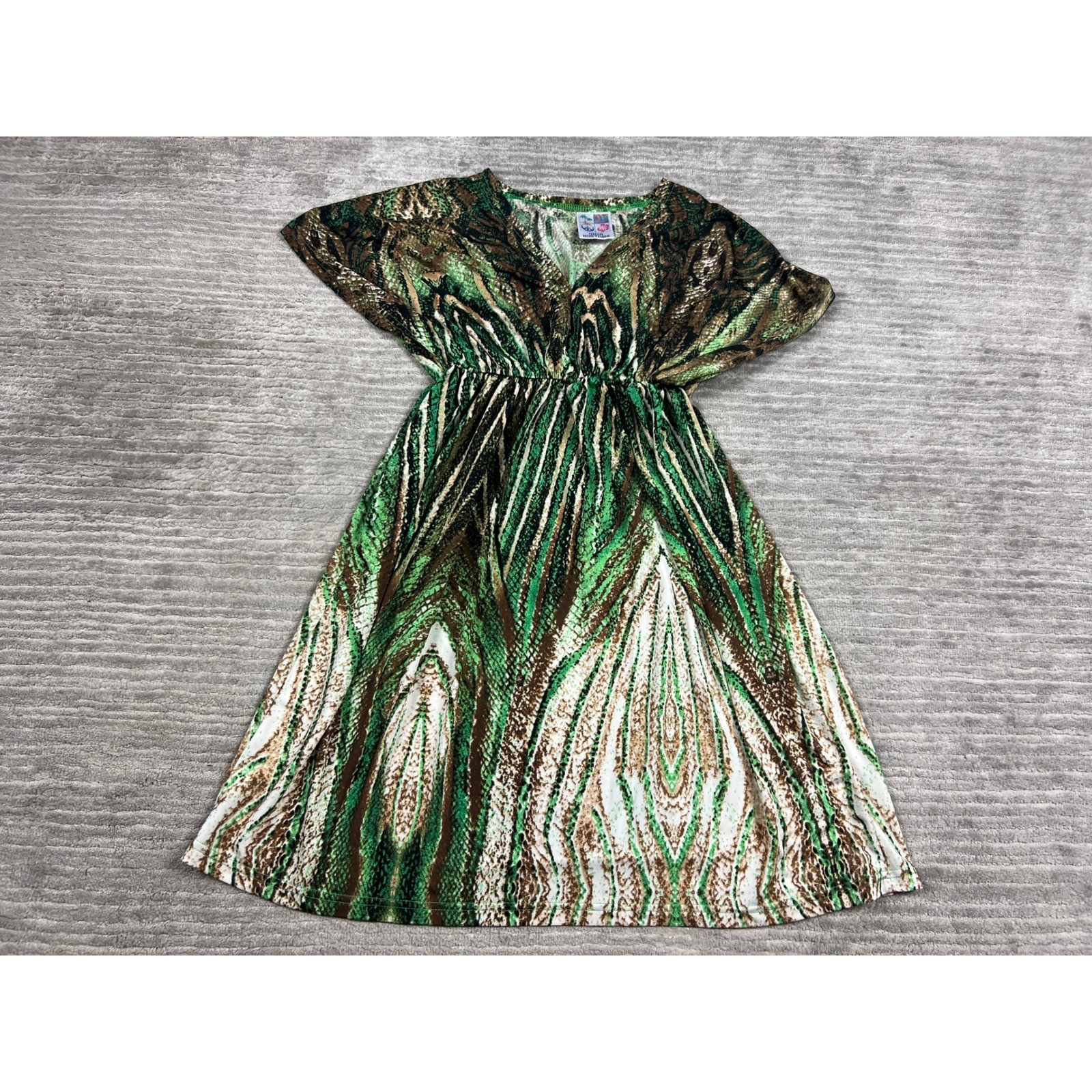 India Boutique Dress Womens One Size Green Brown Snakeskin Print Boho V-Neck