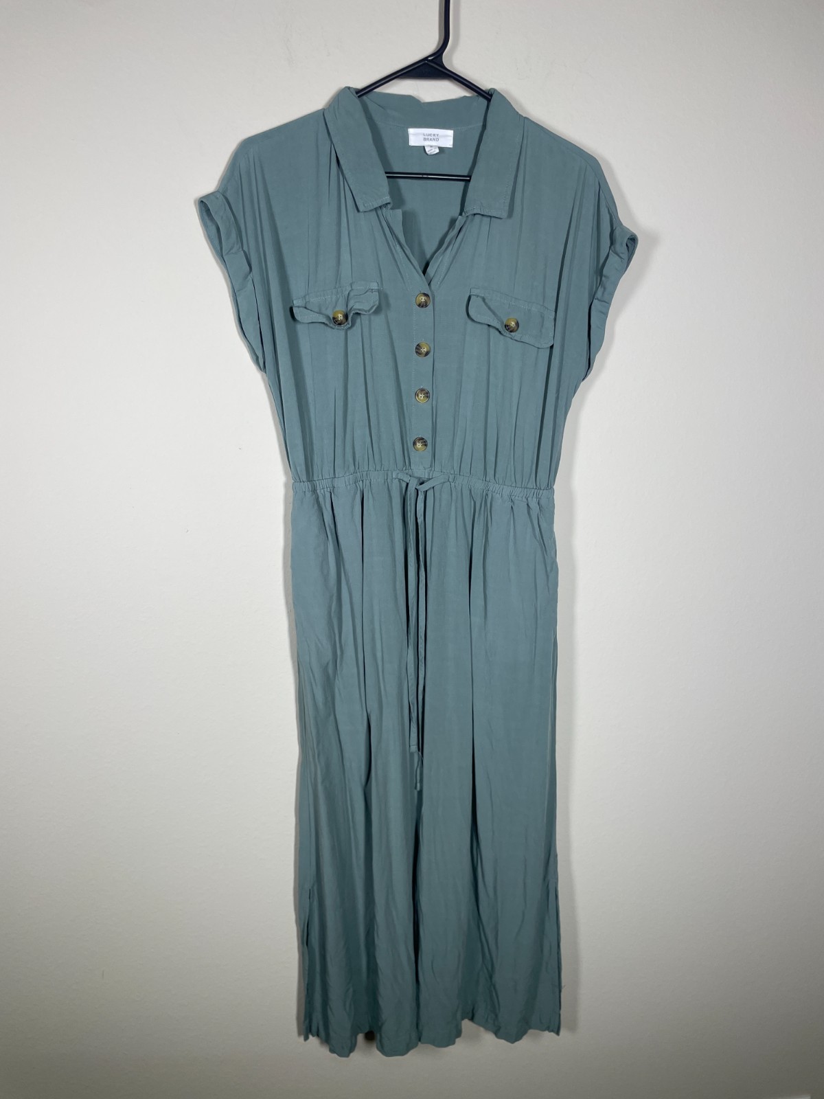 Lucky Brand Women’s Short Sleeve Button-Front Tie Waist Maxi Dress M