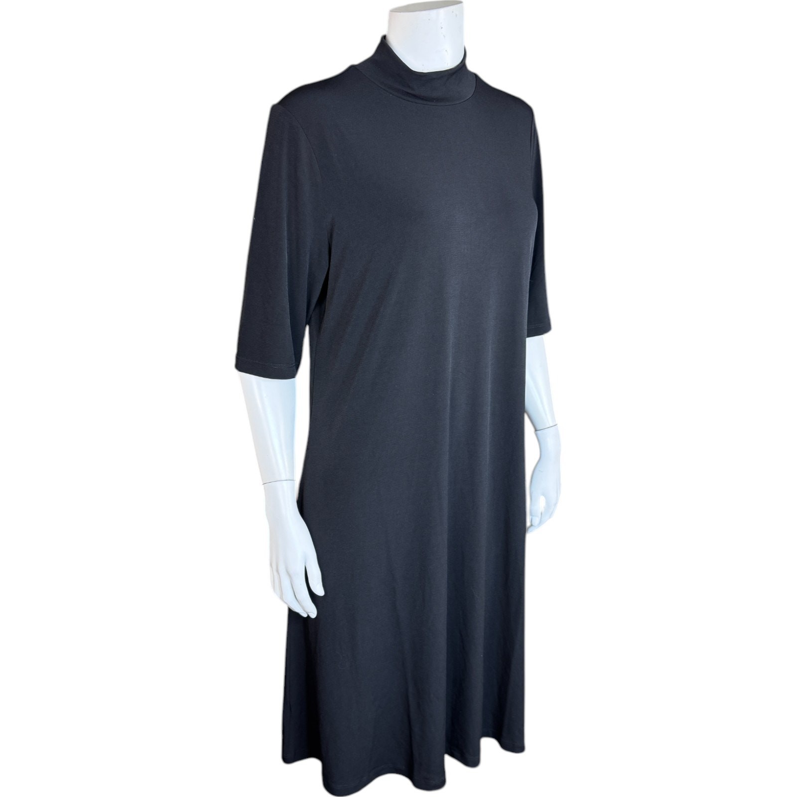 Susan Graver Liquid Knit Mock-Neck Elbow-Sleeve Dress Black Medium NWOT Flowy
