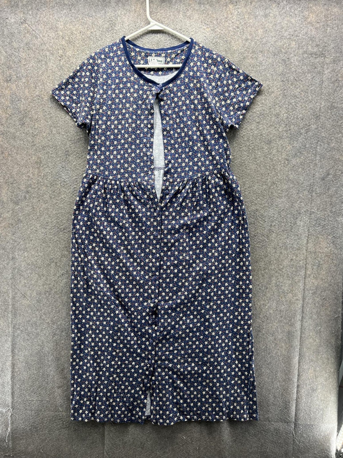 Vintage L.L. Bean Dress Womens Tall Large Blue Floral Button Front Knee Length