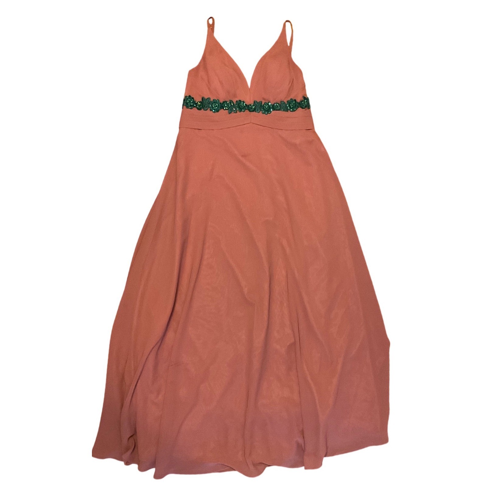 JJ’s House Formal Gown Dusty Rose Chiffon Green Beaded Waist Maxi Dress Medium