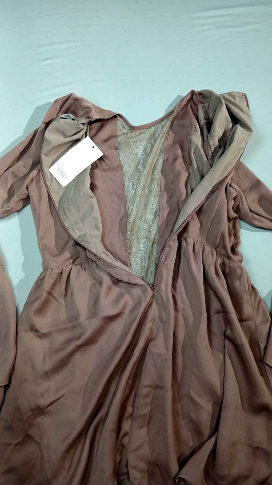 TOBI Lace Panel Bell Sleeve Mini Dress Womens M Mauve Blush Wedding Guest NWT
