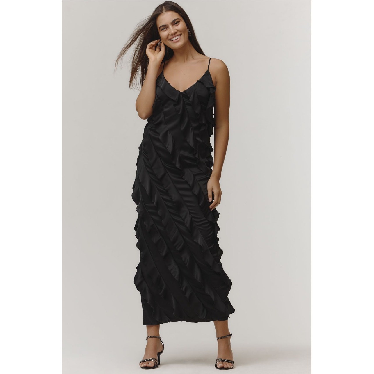 Anthropologie Black Bias Cut Ruffle Satin Midi Dress Size M NWT $198
