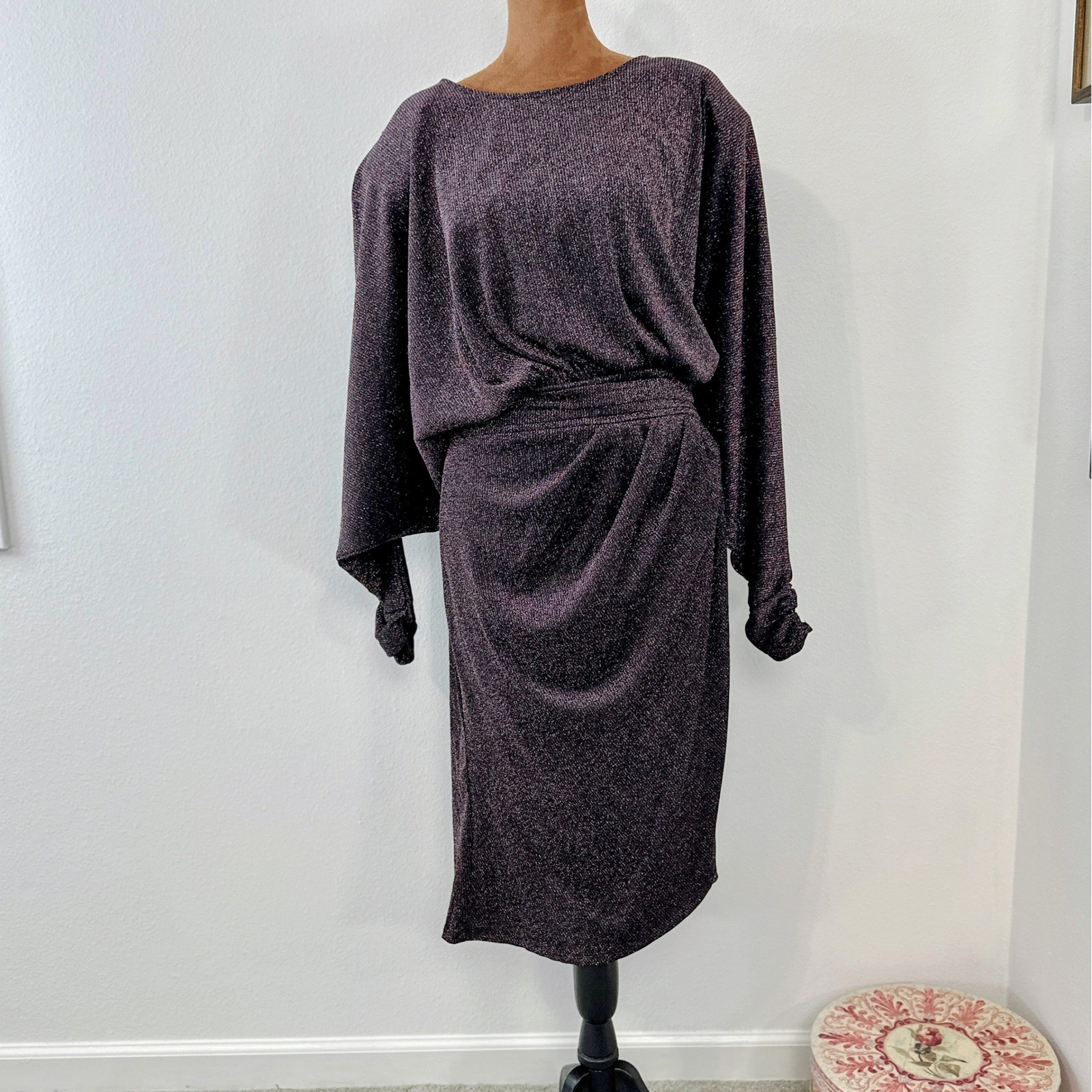 NWT Eloquii Glitter Lurex Metallic Midi Dress Size 24 Purple Batwing Ruched