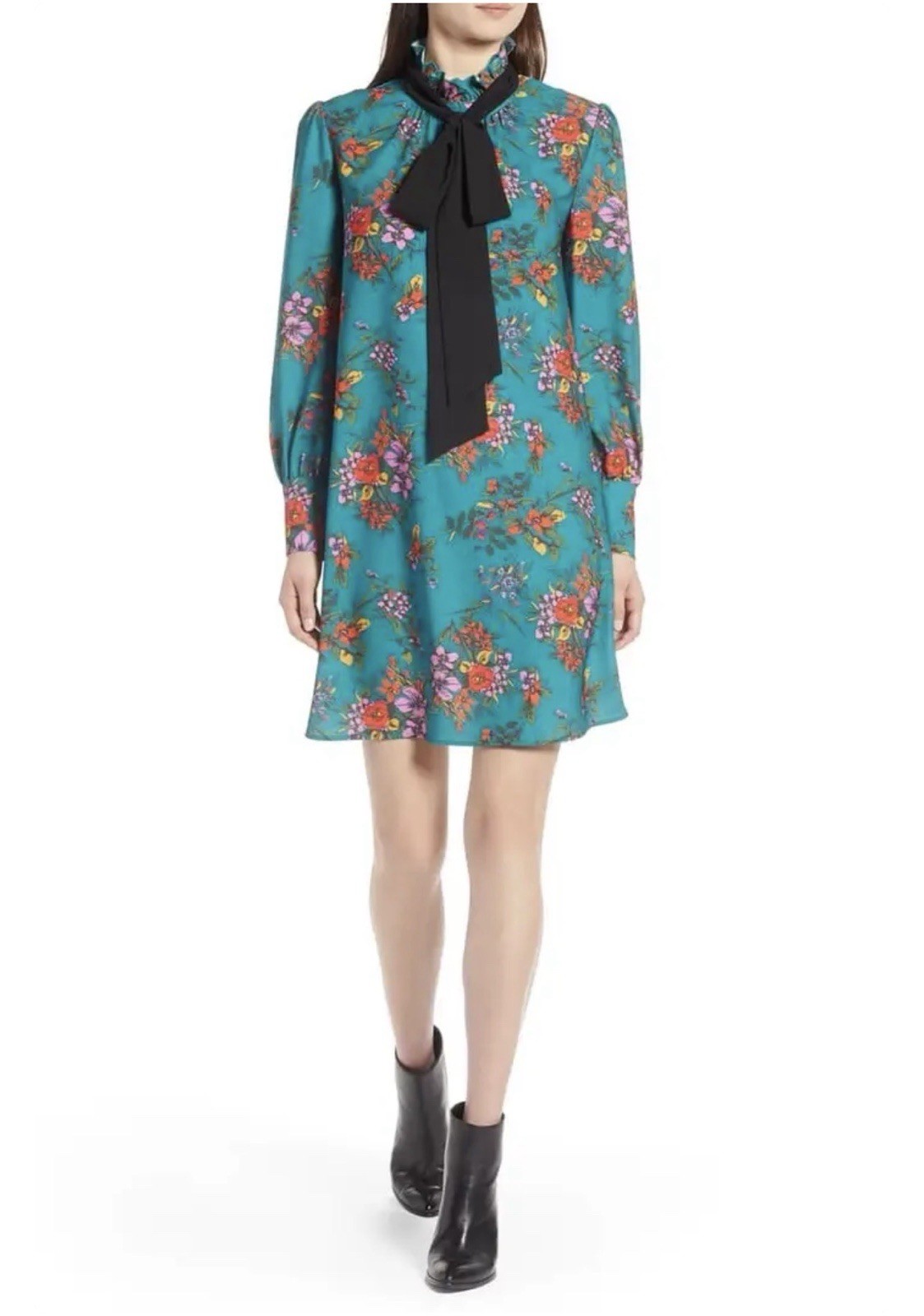 Hologen Floral Teal Midi Dress Size Small Petite With Black Removable Bow