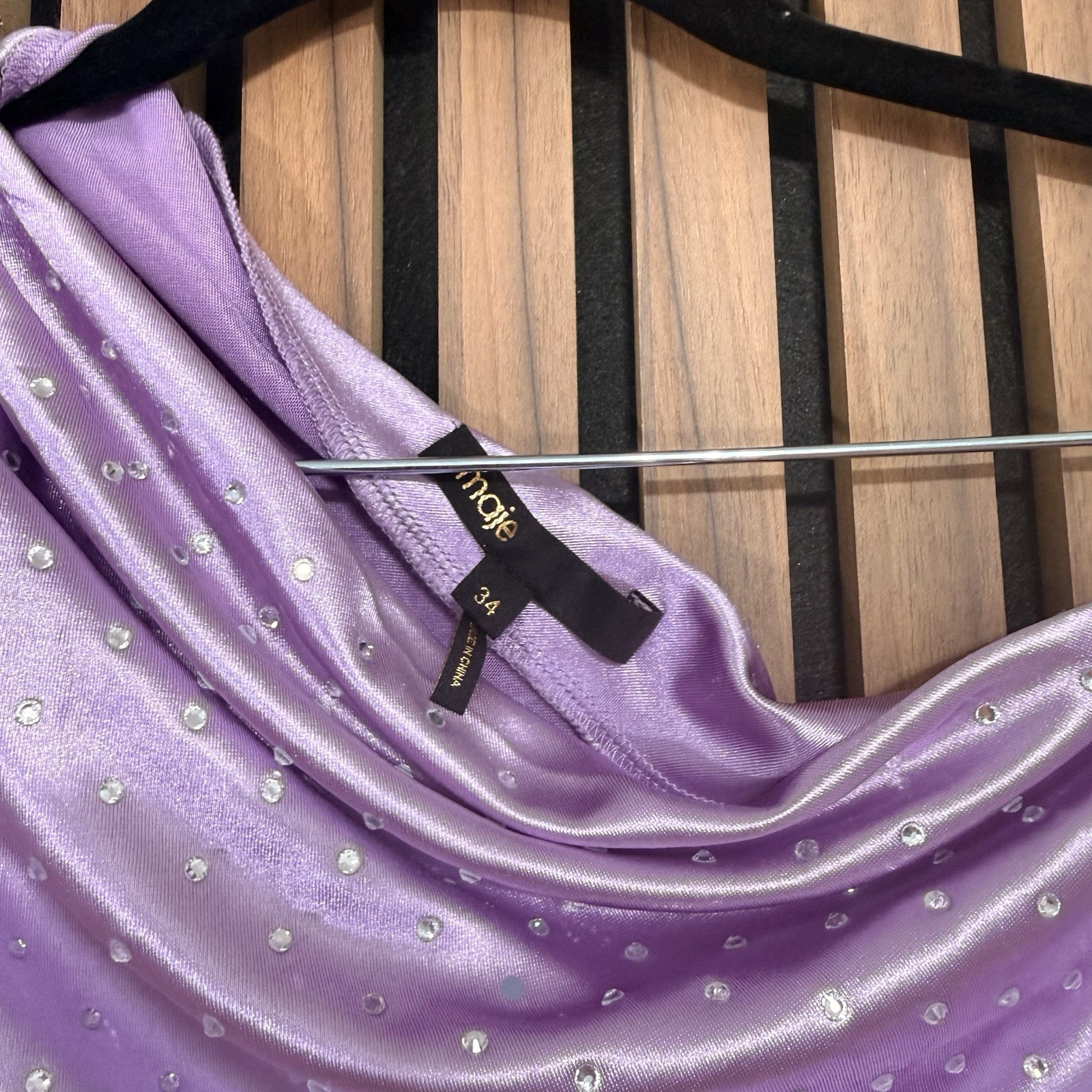 Maje Purple Satin One Shoulder Ruched Rhinestone Mini Dress Zip Long Sleeve 34
