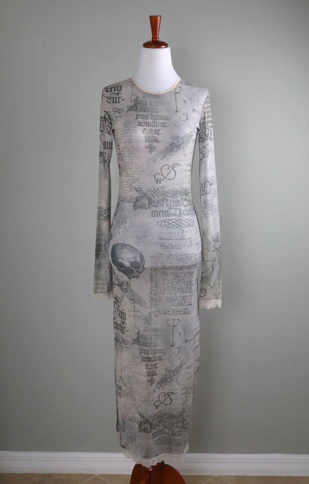 WIDOW Dolls Kill NWT Stretch Sheer Mesh Spell Skull Lace Trim Maxi Dress Size XS