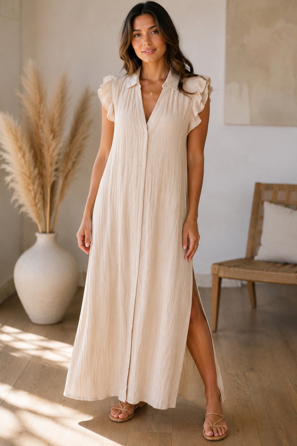 Karlie Large Cream Maxi Dress Crinkle Boho Cottagecore Pockets Side Slit Minimal