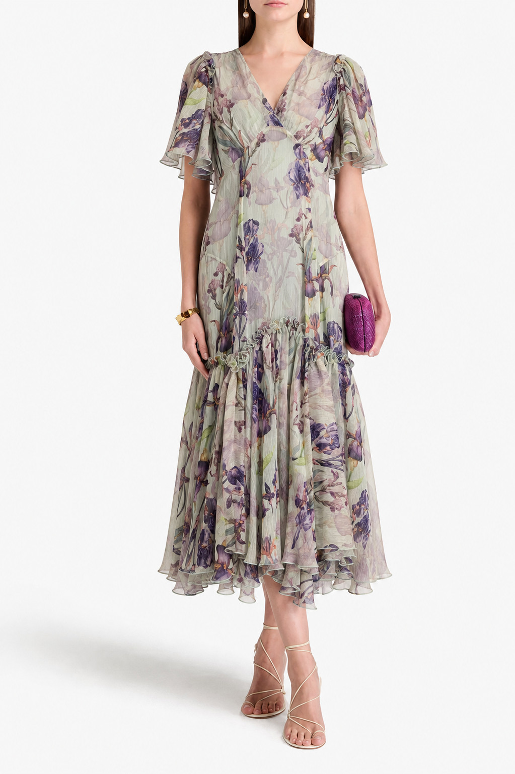 Anna Verdi Midi Ruffled Floral Print Chiffon Dress Size EU38 (US 6) Italy