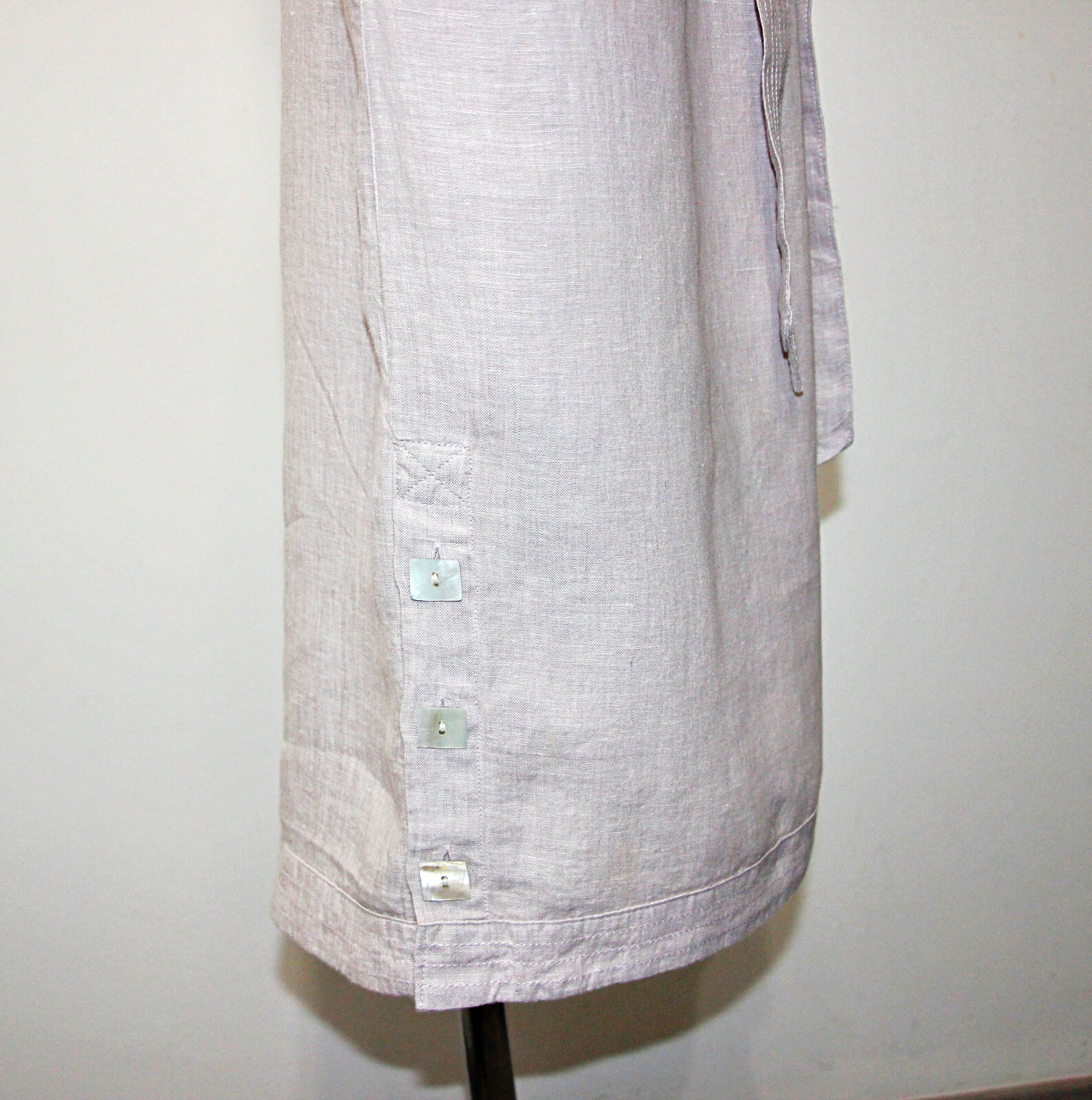 TAHARI 100%Linen Button-Side-Slits Pockets Belted Midi Dress in Light Grey sz XL