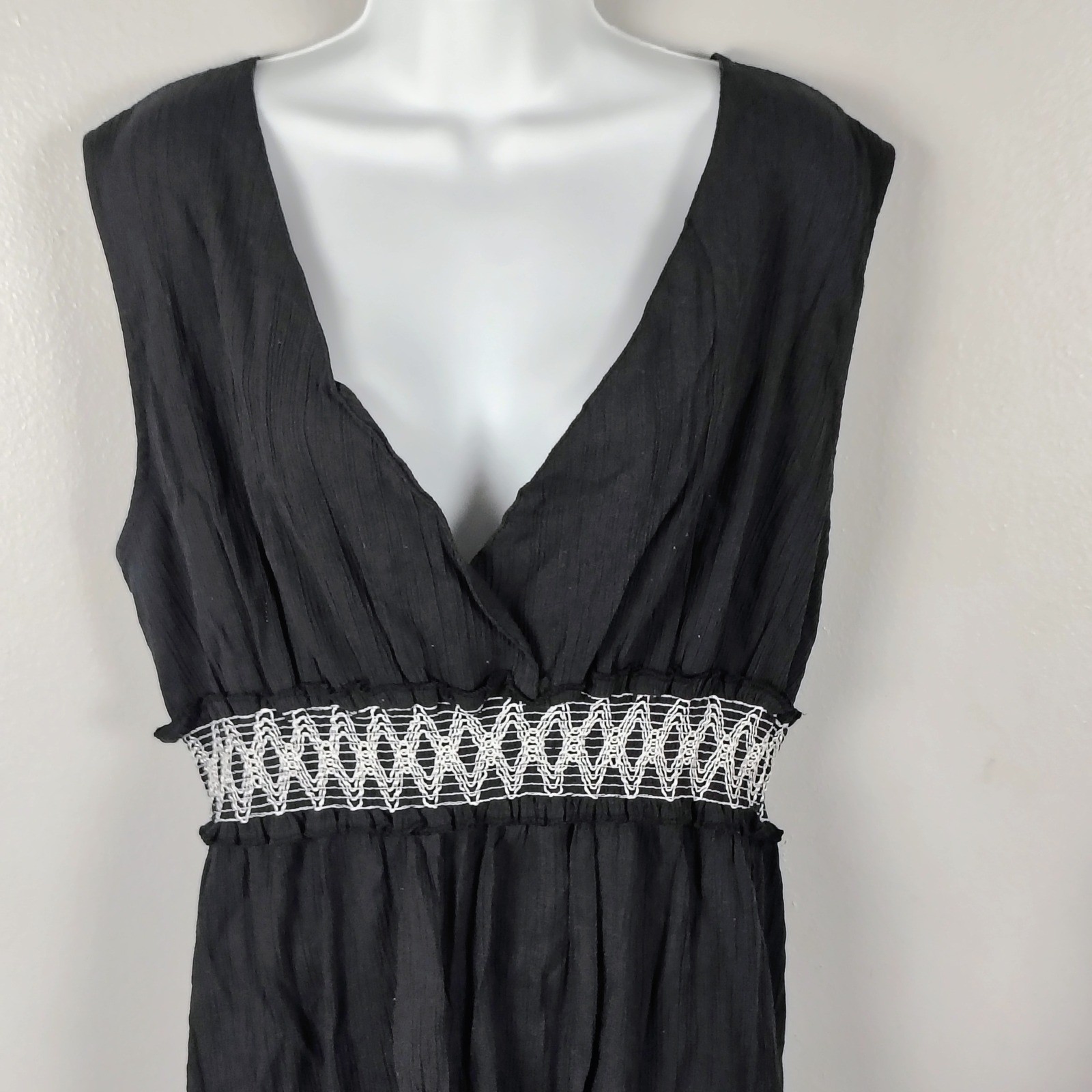 Cypress Black Cotton Gauze Smocked Empire Waist V-Neck Maxi Dress L witchy goth