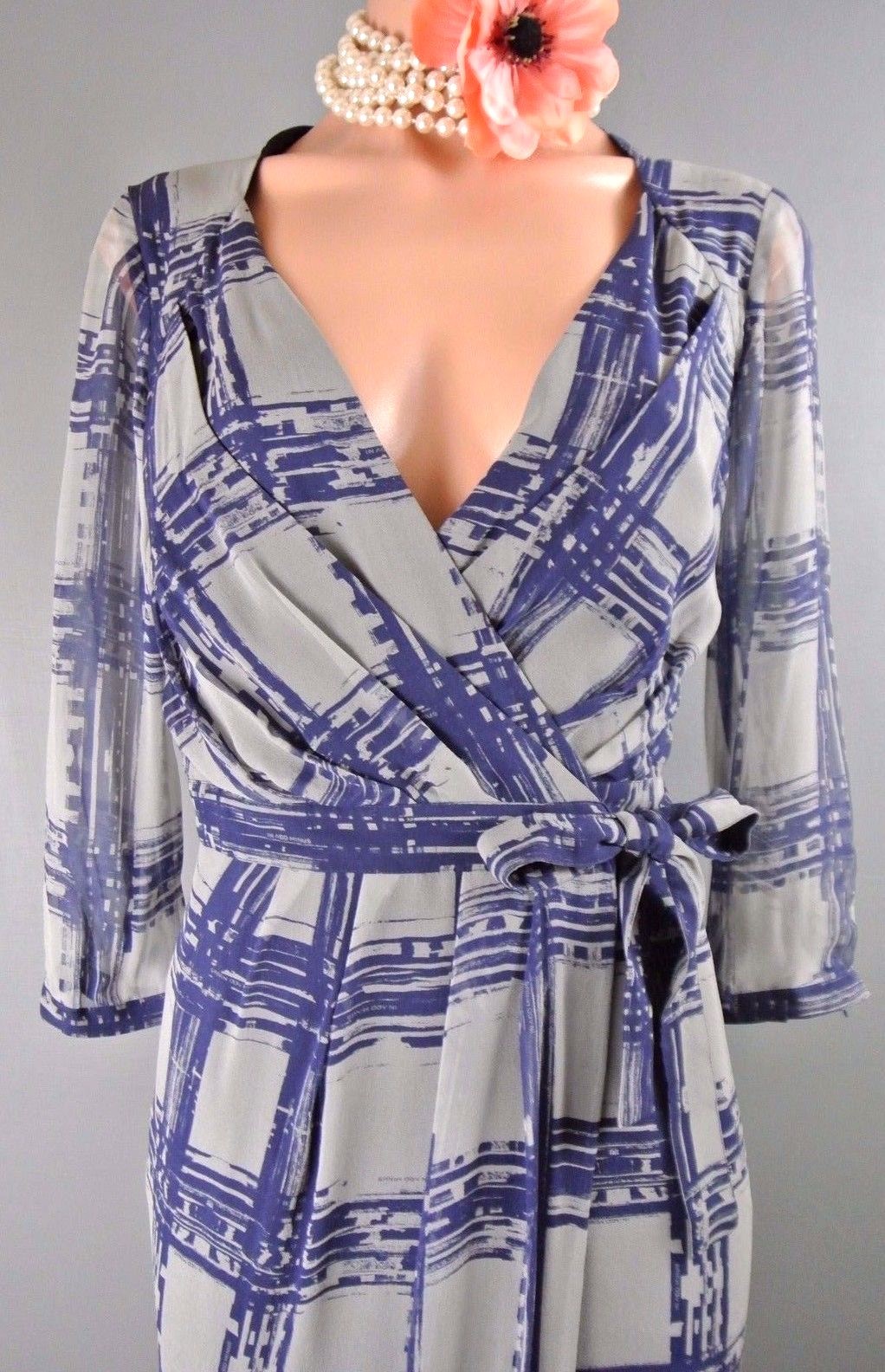 In Add Minus Wrap Sheath Dress 6 S Work Cocktail Checkered SILK Blue Gray