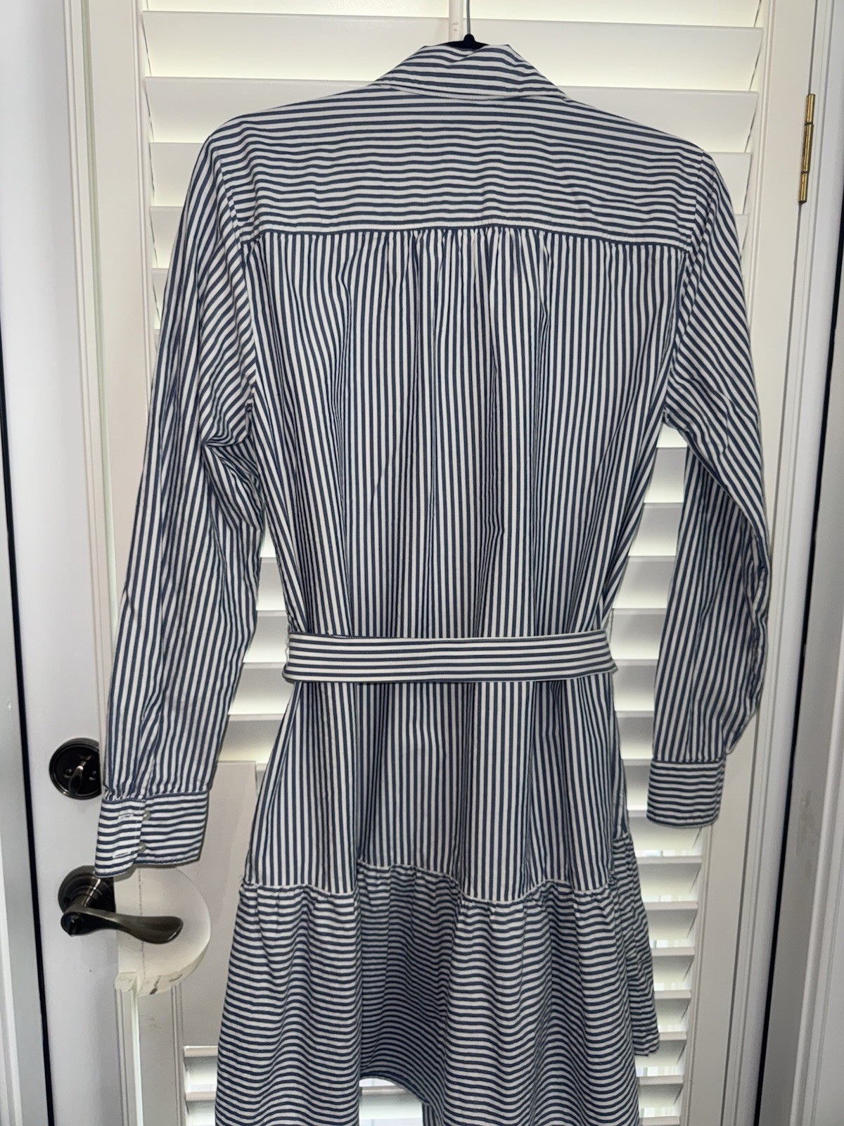 LOFT Small Blue White Stripe Button Long Sleeve Shirt DRESS w/ Belt Cotton Modal