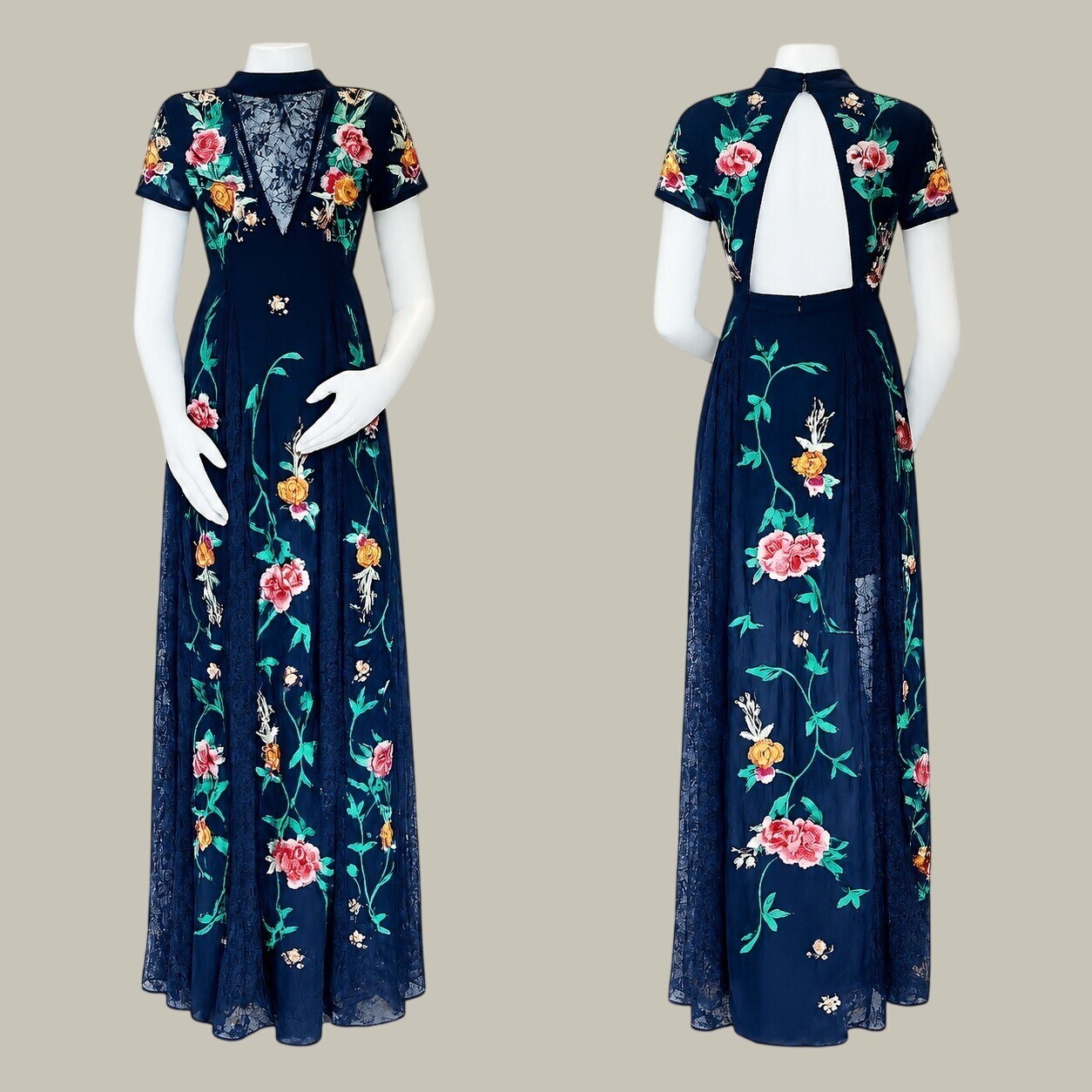 Frock & Frill Embroidered Lace Maxi Dress Sz 4 Navy Blue Boho Wedding Open Back