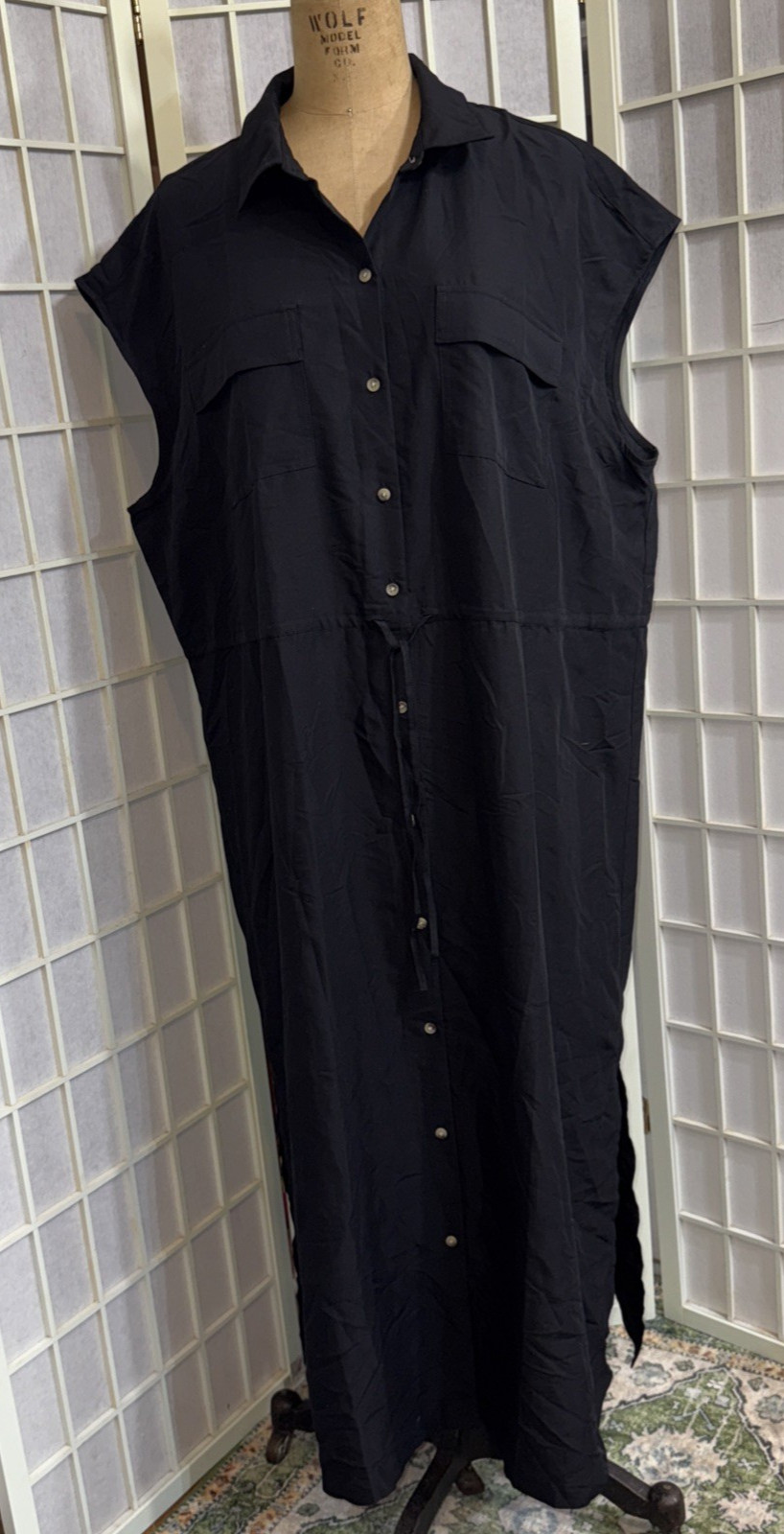 OLD NAVY Maxi Shirt Dress Black Rayon Blend Lagenlook Minimalist Pockets XL New