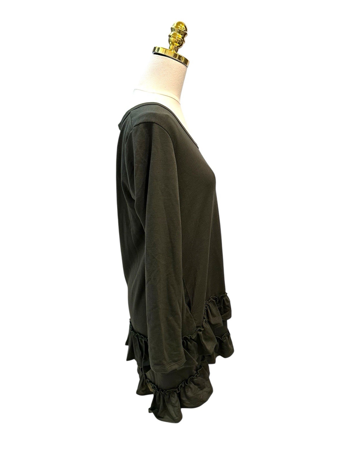 Three Bird Nest Constance Ruffle Hem Long Sleeve Dress Olive Green Sz S NWT