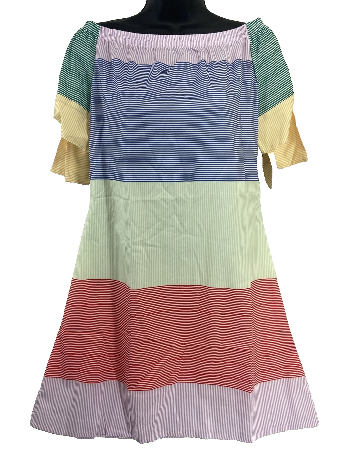 Women’s M Pullover Off Shoulder Shift Sundress Petal Sleeve Striped Colorblock