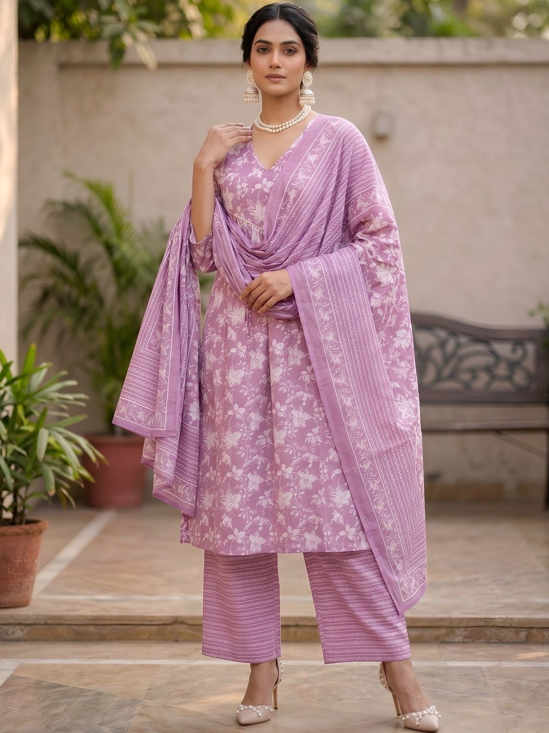 Indian Women Purple Cotton Floral Printed A-Line Kurta With Trouser & Dupatta