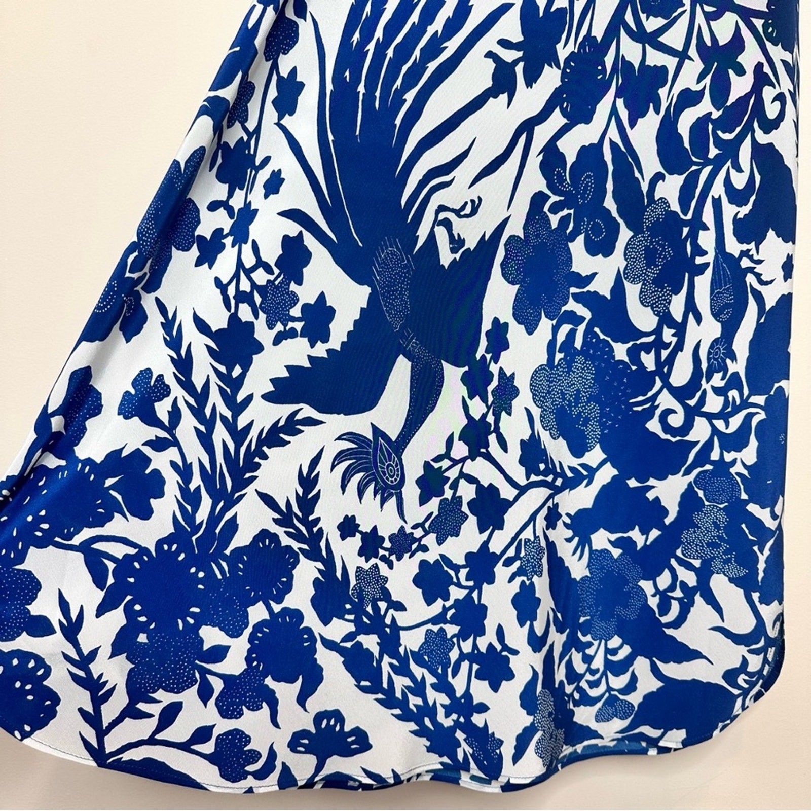 Figue Audra Silk Slip Dress Size Small Midi White Blue Floral Bird Print