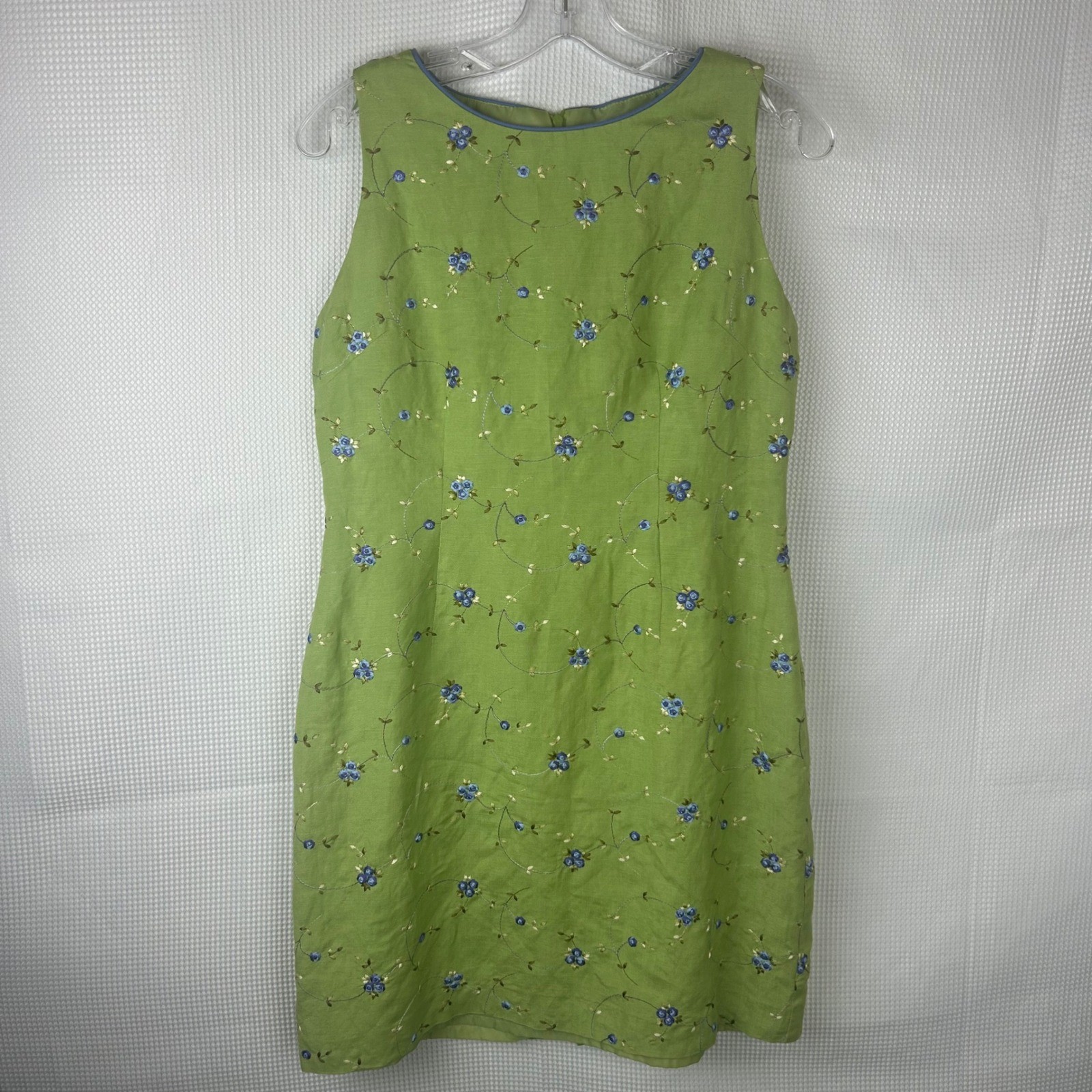 Coldwater Creek Petite 8 Green Linen Blend Embroidered Floral Sheath Dress