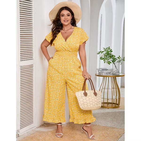Womens Plus Size Jumpsuits Vintage Short Flutter Sleeve Ruffled Hem Floral Print