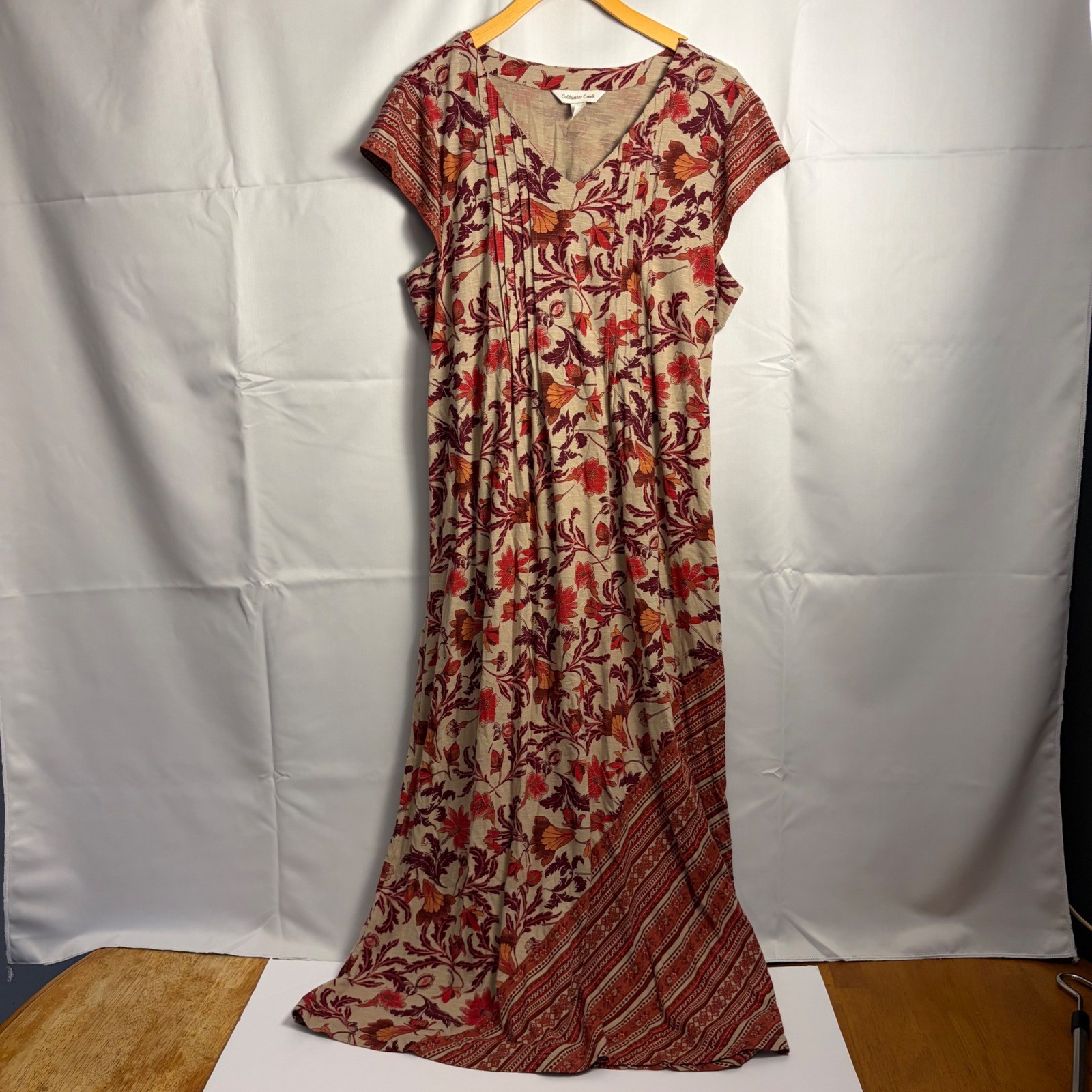 Coldwater Creek Womens Floral Pintuck Maxi Dress Red Tan Cotton Blend Large