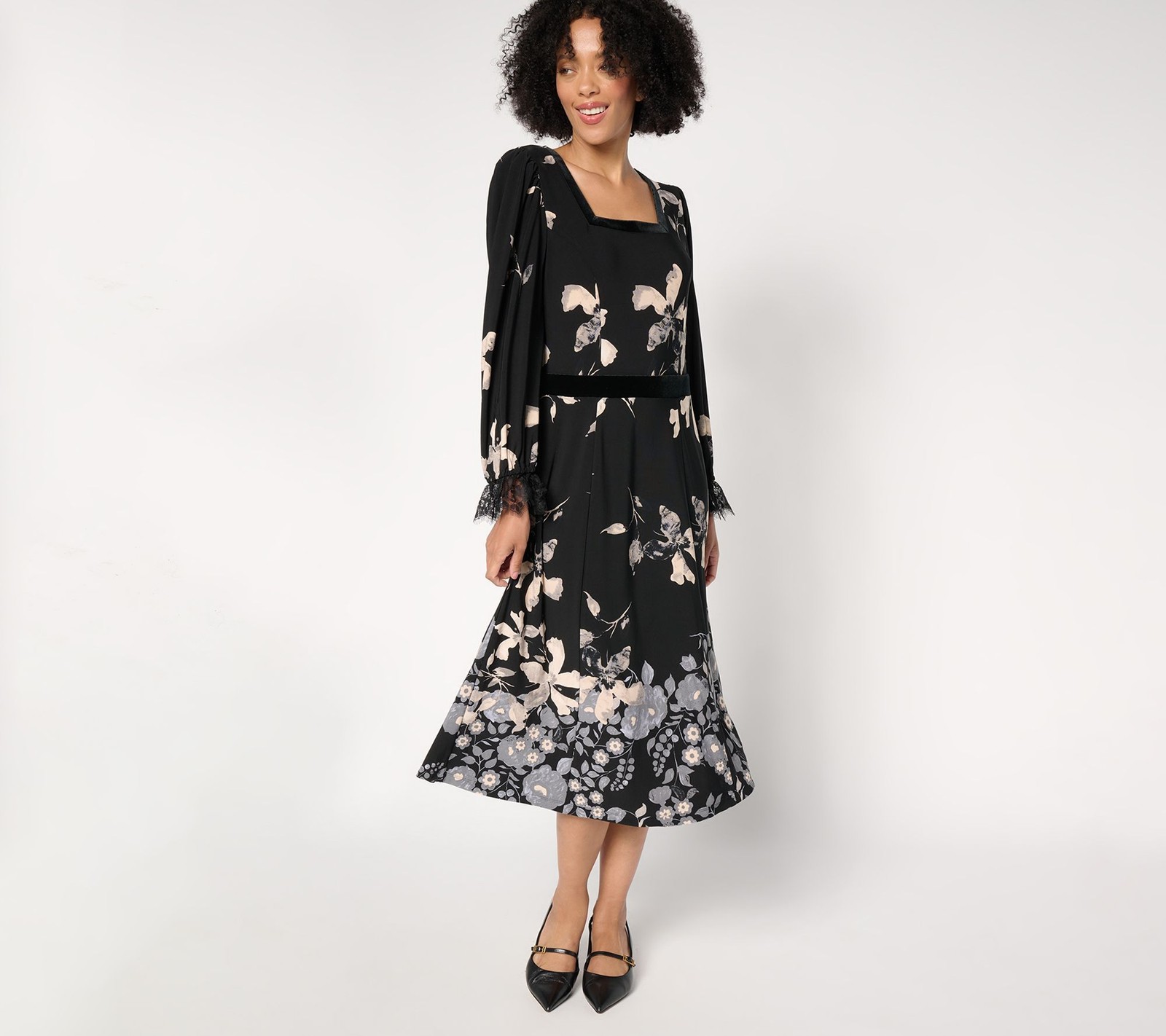 Susan Graver Women’s Petite Dress PM Pet Printed Liquid Knit Lace & Black