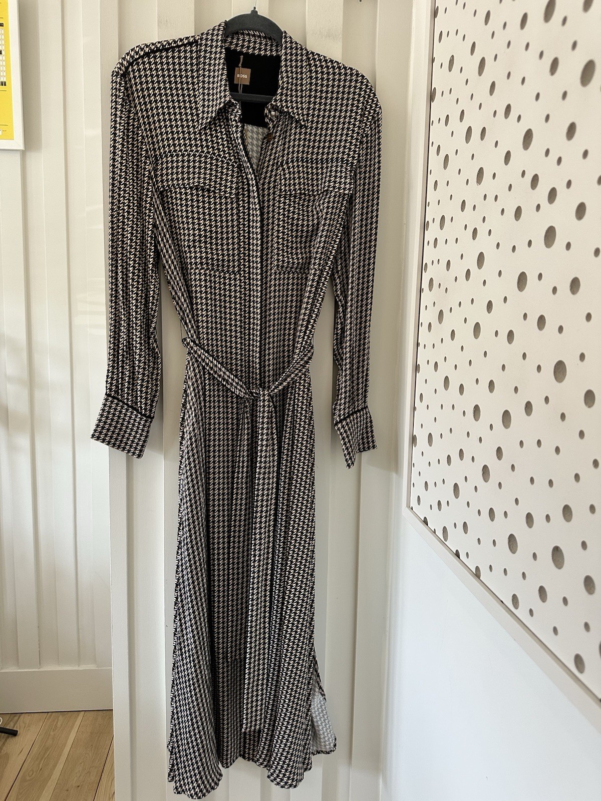 Hugo Boss Davivio Belted Shirt Dress Size UK 10 Midi Maxi Houndstooth New