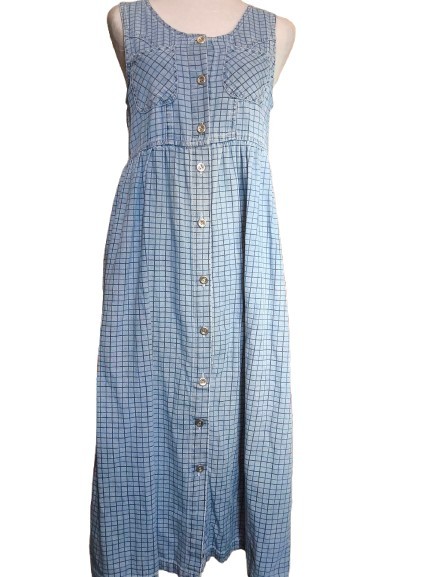 Capacity Petites Chambray Grid Button Front Midi Dress PS Prairiecore
