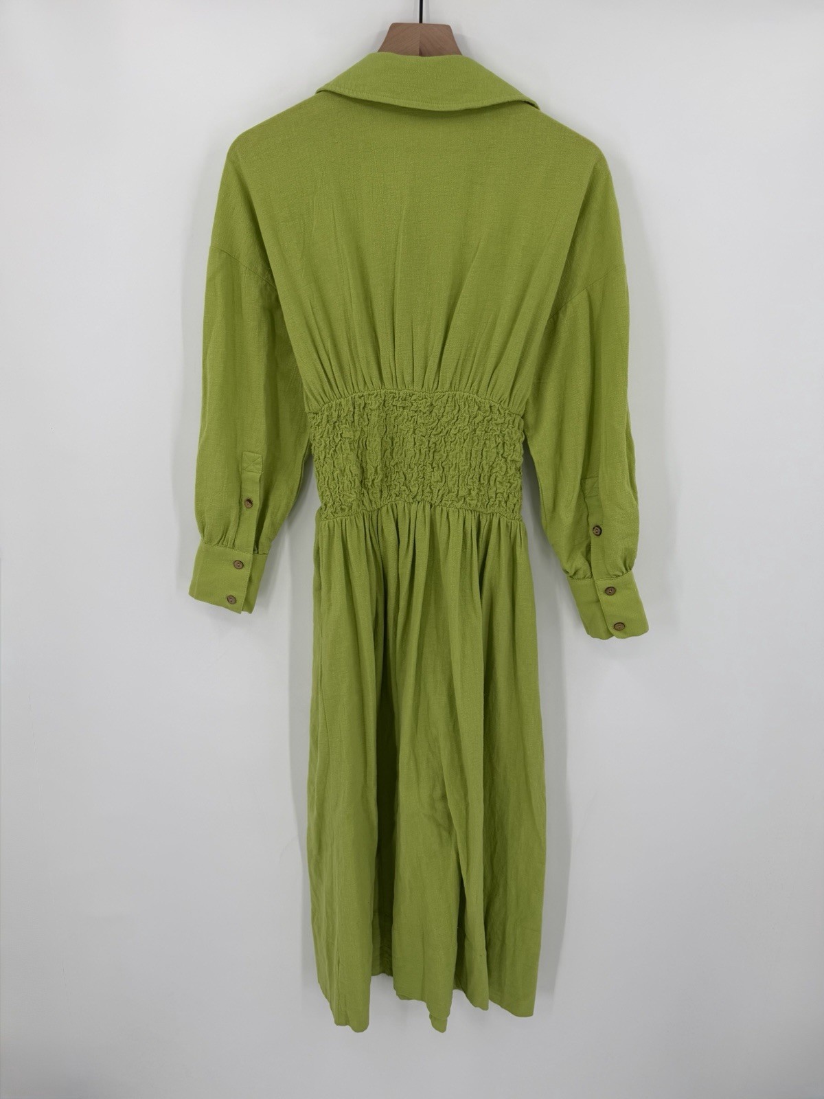 Free People Endless Summer Monika Ruched Shirt Dress Green Smocked Waist XS Midi
