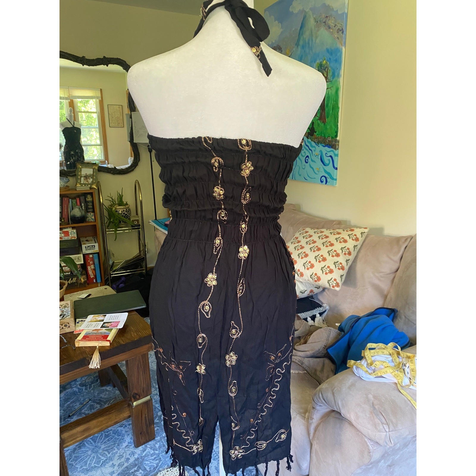 Embroidered Sequin Halter Smocked Black Midi Dress OS Boho Hippie Festival Beach