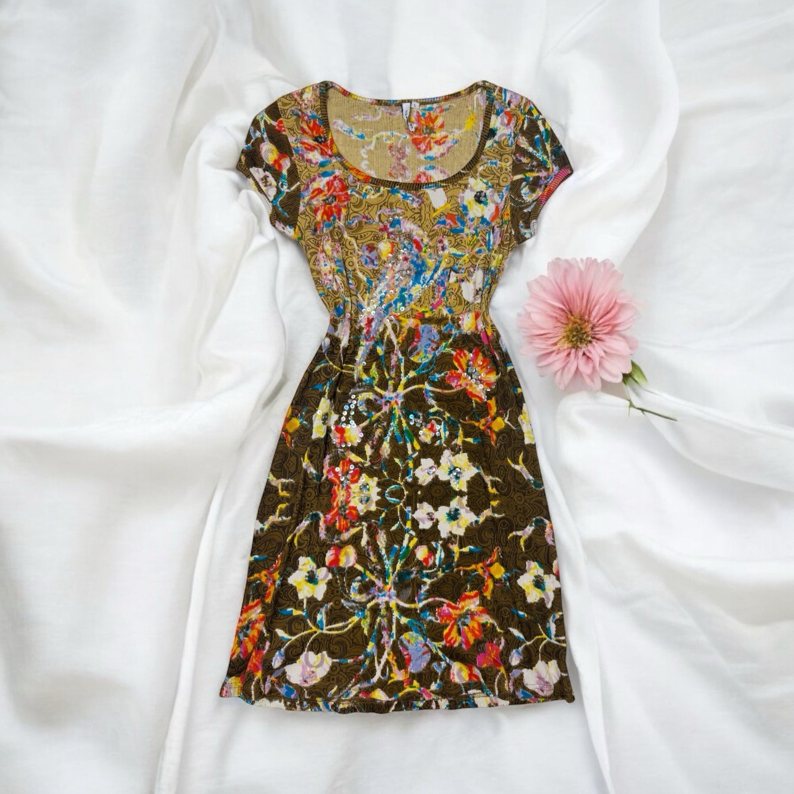 Flower Print Colorful Dress Sequins Boho Summer Y2K Pretty Fairycore Beach Large