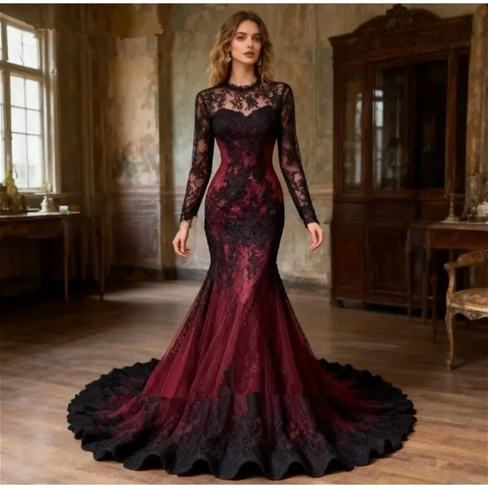 Black and Burgundy Mermaid Wedding Dresses Long Gothic Lace Applique Bridal Gown