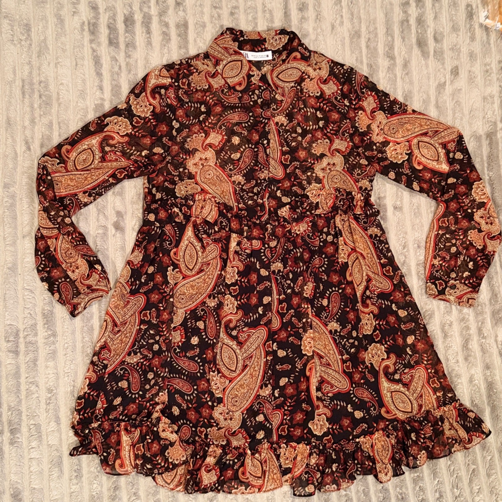 Zara Womens Paisley Print Chiffon Mini Dress Red Brown Ruffle Hem XS
