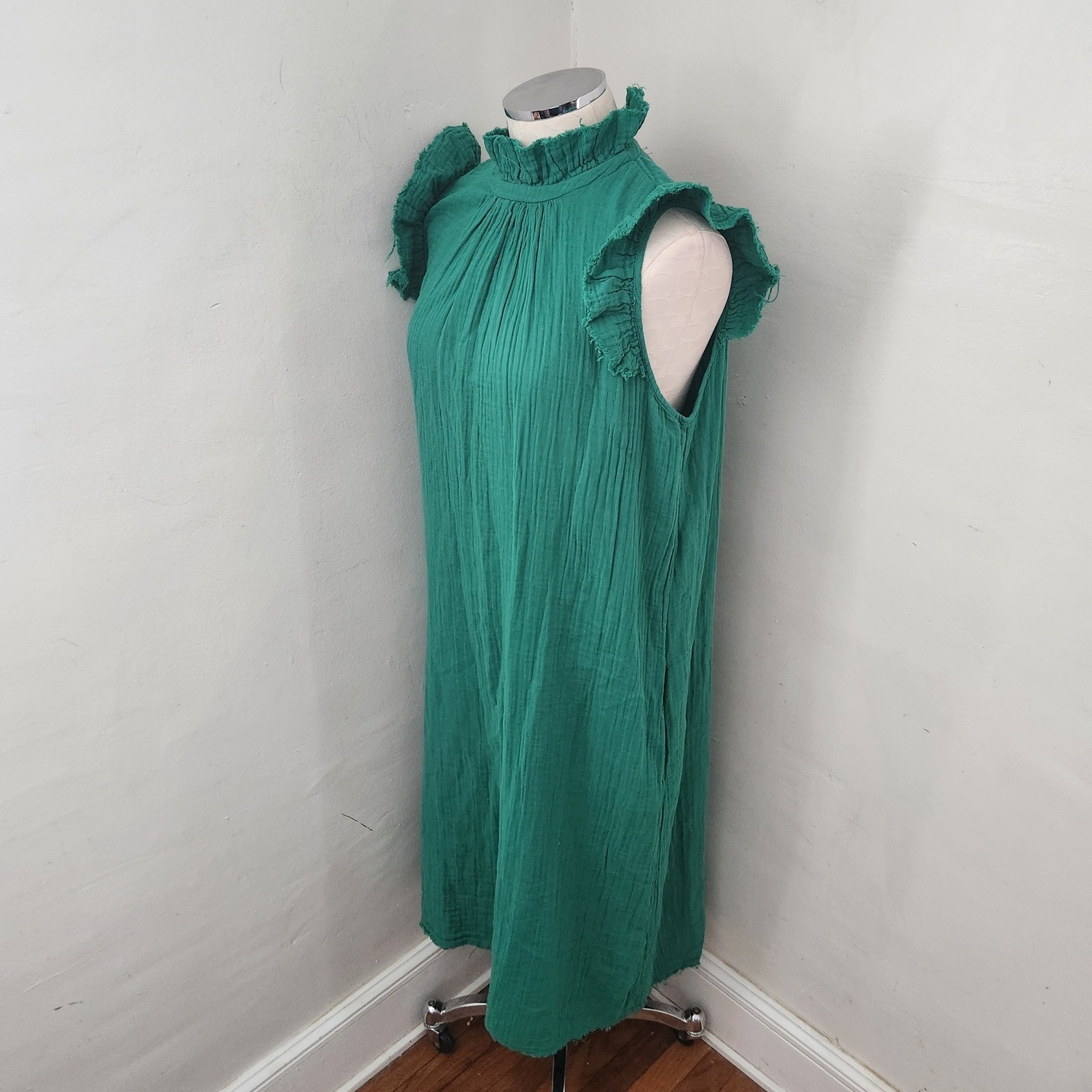 STARK X Emerald Green Gauze Mock Neck Ruffle Sleeveless Midi Dress Women’s L