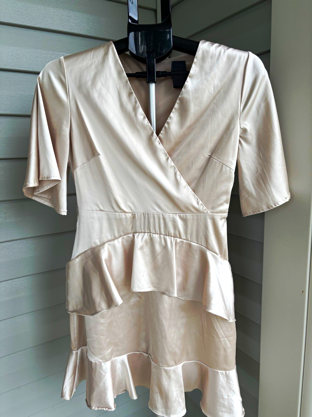 Altar’d State Satin Wrap Mini Dress Beige V-Neck Short Sleeve Ruffle S
