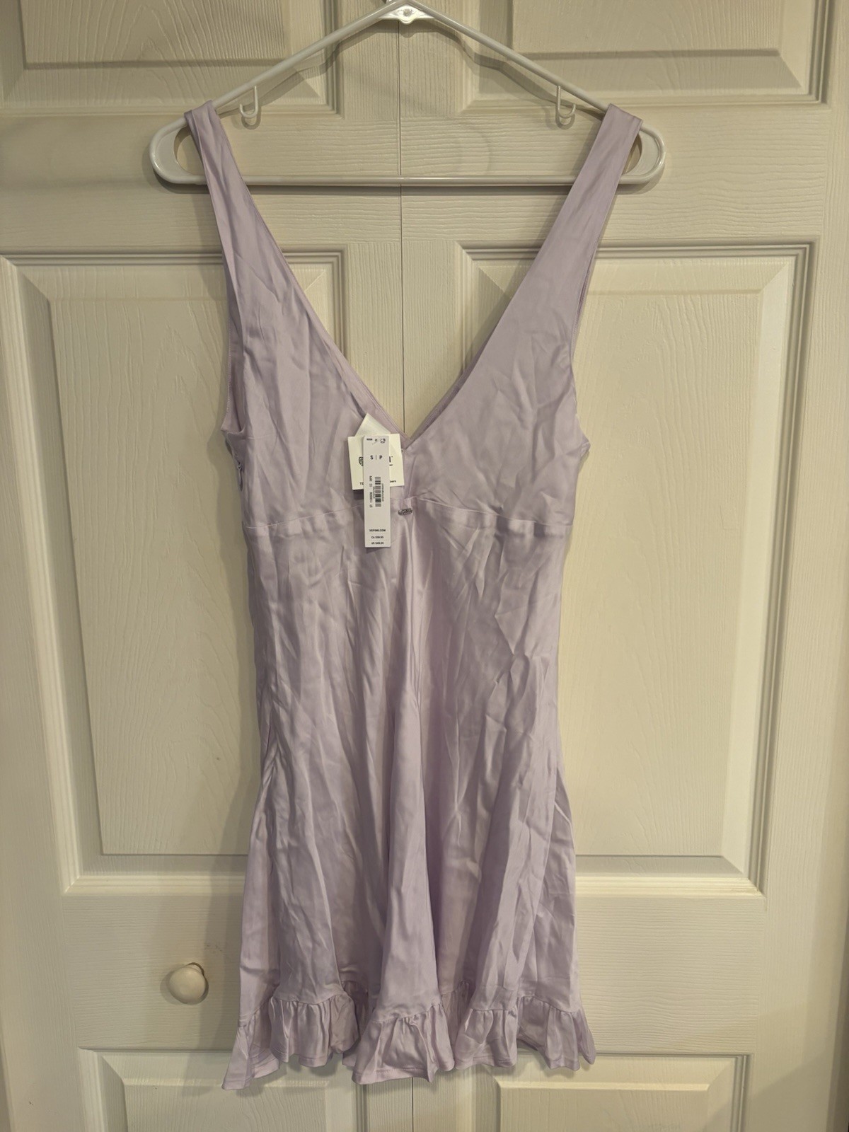 Victoria’s Secret PINK Satin Mini Slip Dress Sz S Lavender Ruffles Side Zip NWT